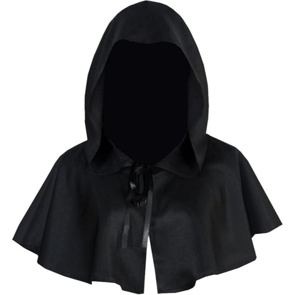Hooded Cape Cloak Medieval Cowl Lace Up Hat - BLACK